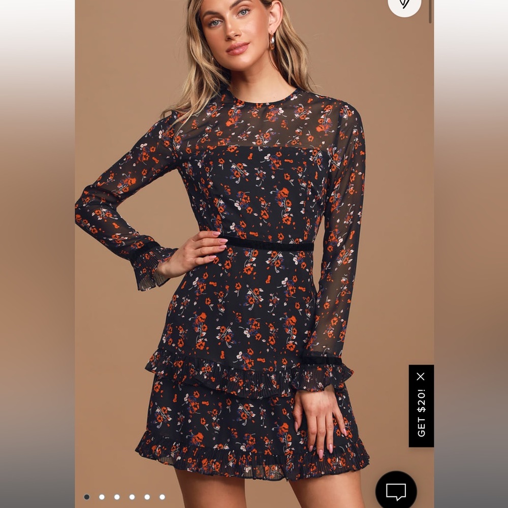 Lulus Black Floral Long Sleeve Mini Dress with Ruffles Size S
